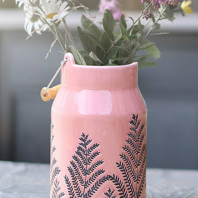 Dibor – wholesale Vase – Fern Leaf Embossed Pink Milk Churn Flower Vase4