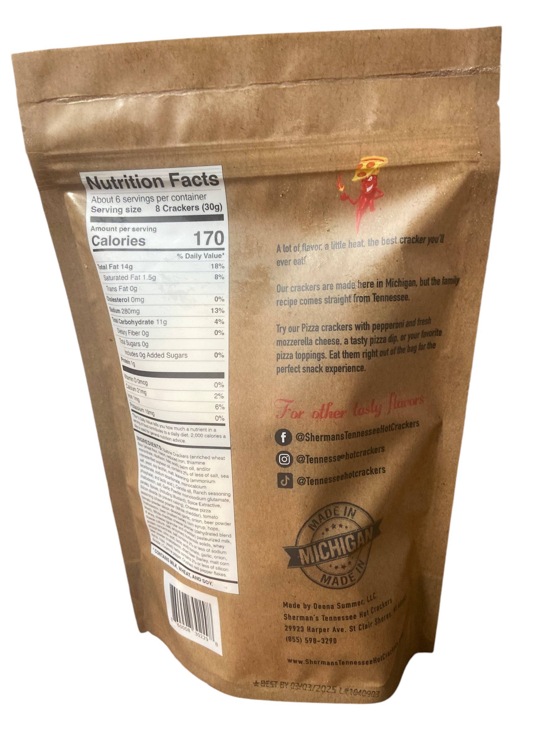 Sherman's Tennessee Hot Crackers - Vendita all'ingrosso Cracker - NUOVO! Sherman Tennessee Hot Crackers, gusto pizza, 30 ct3