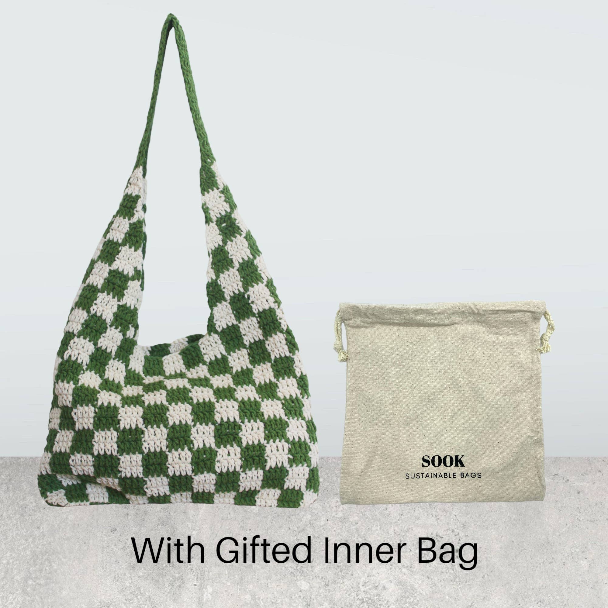 Sook Stainable - Wholesale Tote Bag - Women's - Checkered Green Chess Pattern Kitted Crochet Bag2