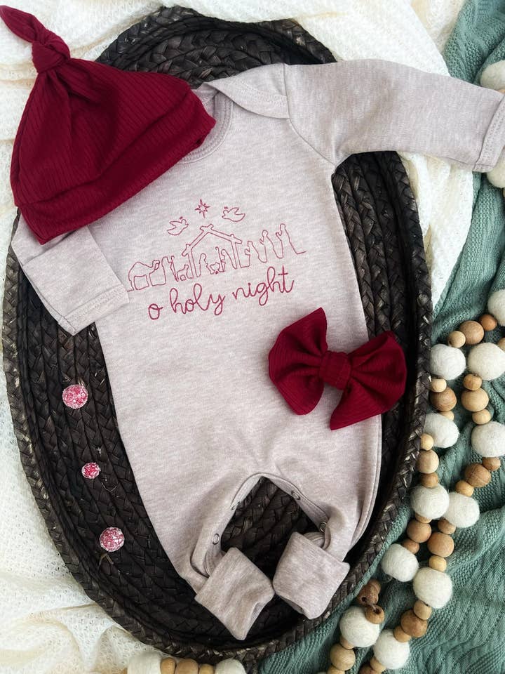 Baby Mocha Brown Romper | O' Holy Night Oatmeal Baby Outfit for wholesale by Wonderfully Made