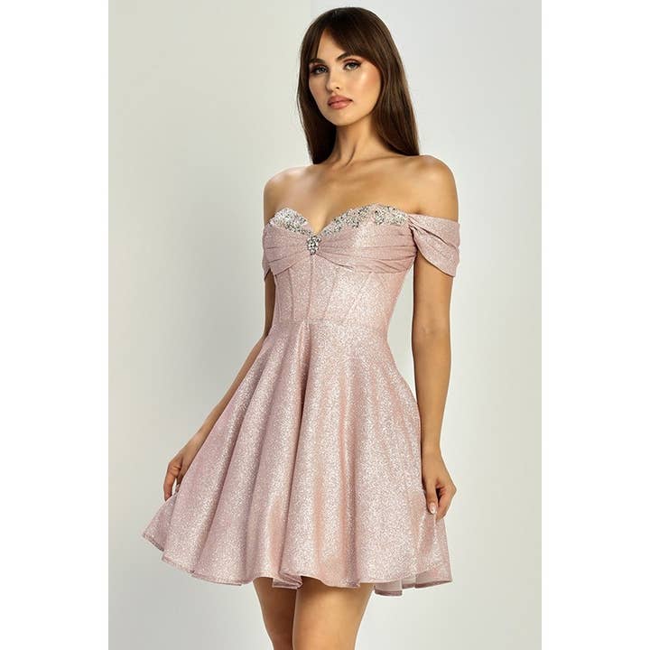 Babyfox Apparel - Wholesale Dress – Women's - Off Shoulder Sequin/Bead Neckline Metallic Glitter4