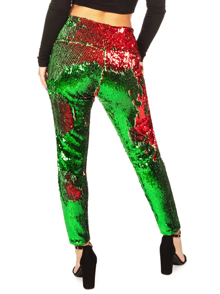 Tipsy Elves – wholesale Modeleggings – Dam – Röda och gröna vändbara paljettleggings med hög midja2