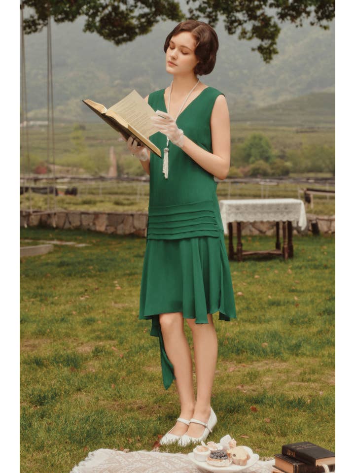 Sea Green Vintage Irregular Ribbon Pleated Day Dress for wholesale on Faire