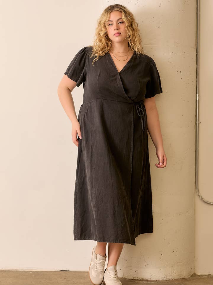 CHAMBRAY WRAP MIDI DRESS for wholesale by Polagram by Wellmade USA