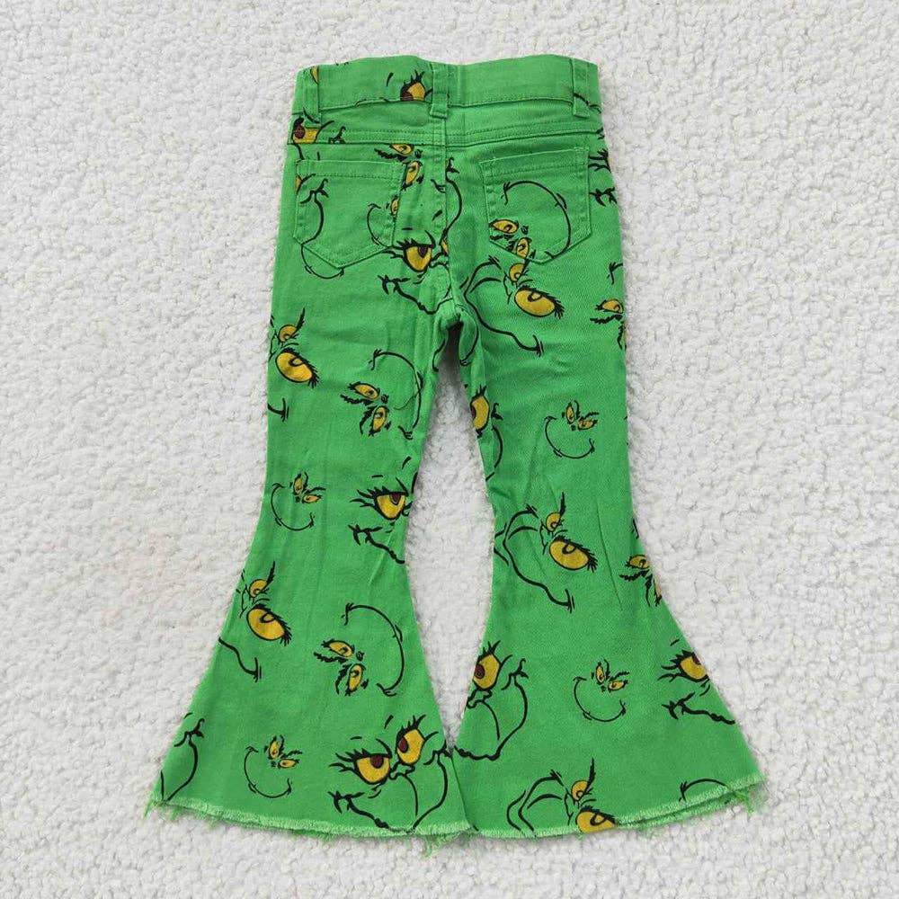 Aier Wholesale - Wholesale Pants - Kids - Baby Girls Christmas Green Frog Face Denim Bell Pants1