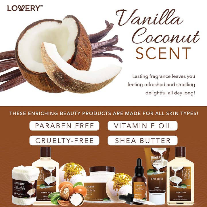 Lovery – wholesale Bath & body set – Bath and Body Gift Basket, Vanilla Coconut Home Spa Set, 9PC
