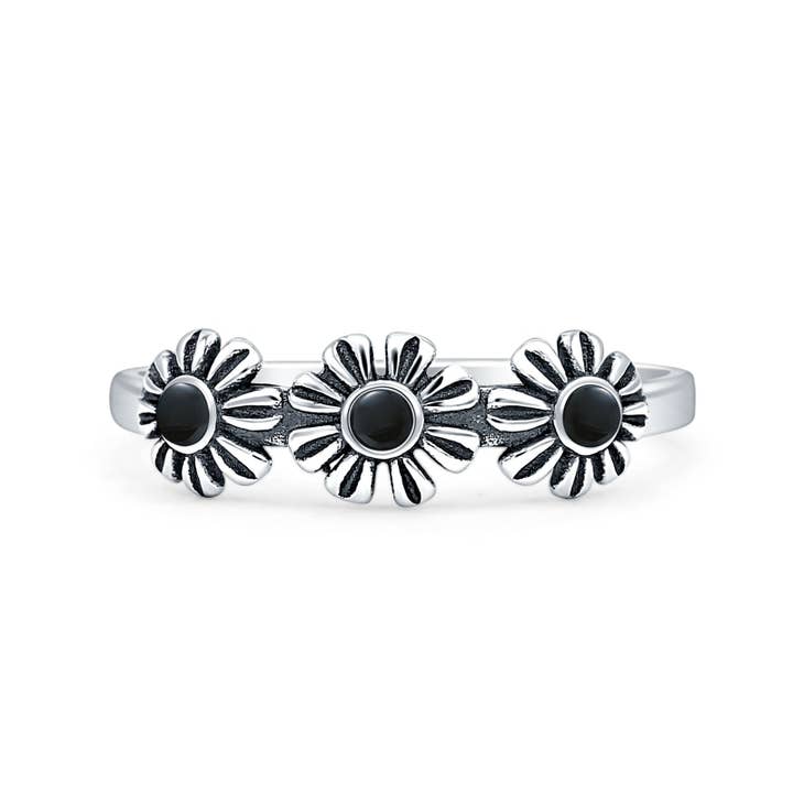 Round Black Onyx Flower Ring Oxidized for wholesale by Blue Apple Imports