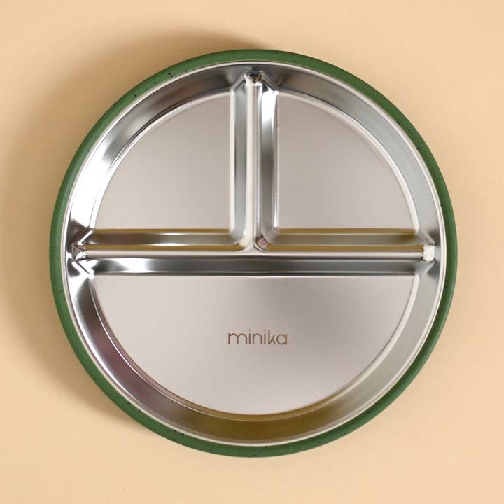 Assiette à succion en acier inoxydable et silicone - Feuille pour la vente par Minika