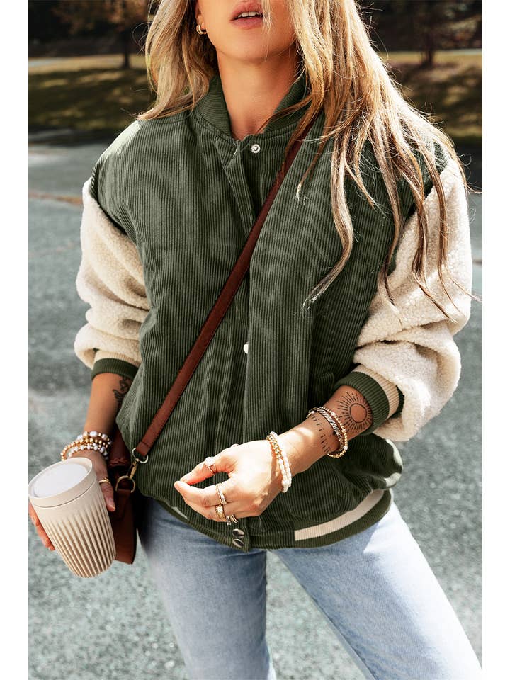 PRETTY BASH - Wholesale Bomber jacket – Women’s - Colorblock Corduroy Fleece Patchwork Button-Up Bomber Jacket4
