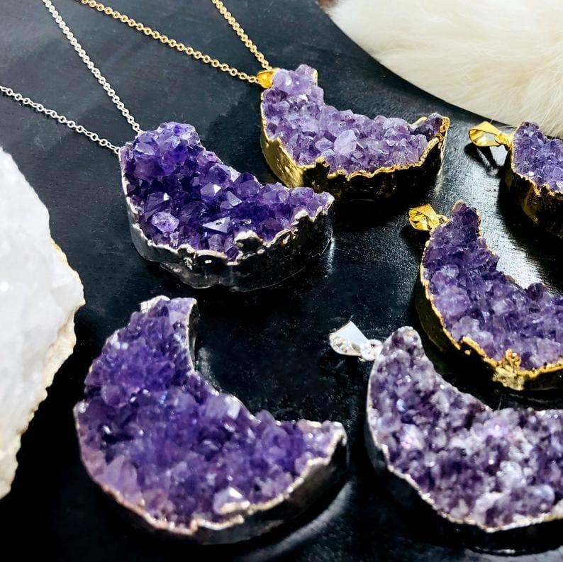 Rock Paradise - Wholesale Individual Charm/Pendant - Amethyst Druzy Moon Pendants with Electroplated 24k Gold/Silver Edge1
