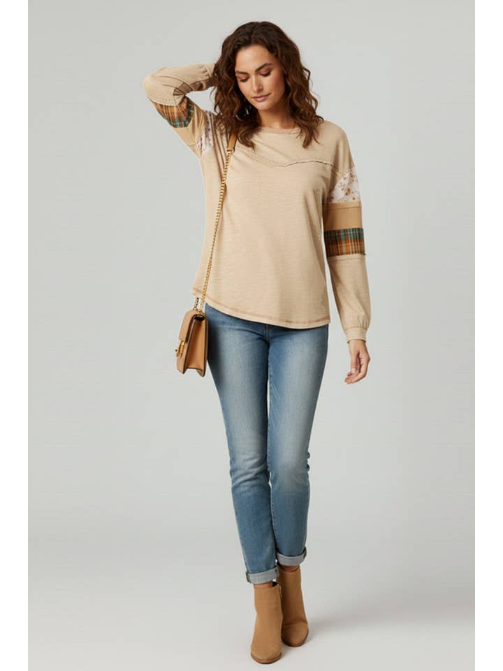 Kori America - Wholesale Knit Top - Women's - FLORAL CHECK COLOR BLOCK LONG SLEEVE KNIT TOP3