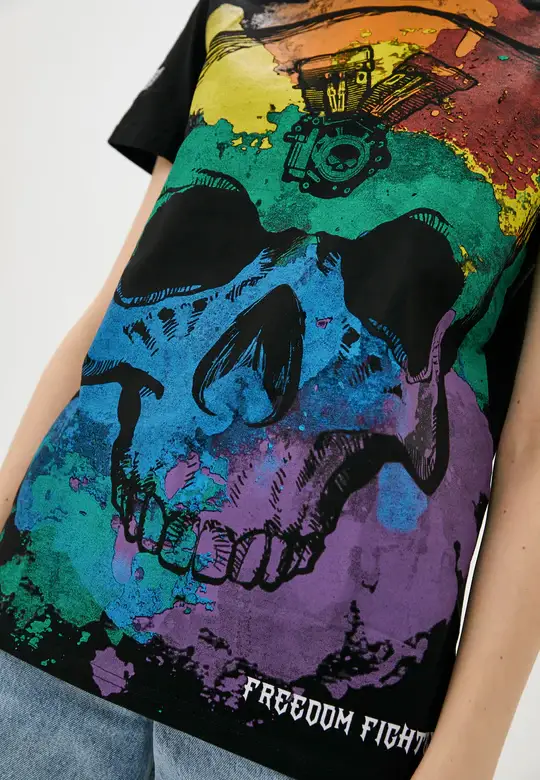 DASTI - Wholesale Screen Printed T-Shirt - Women's - Dasti Black T-Shirt for Women with Colored Skull2