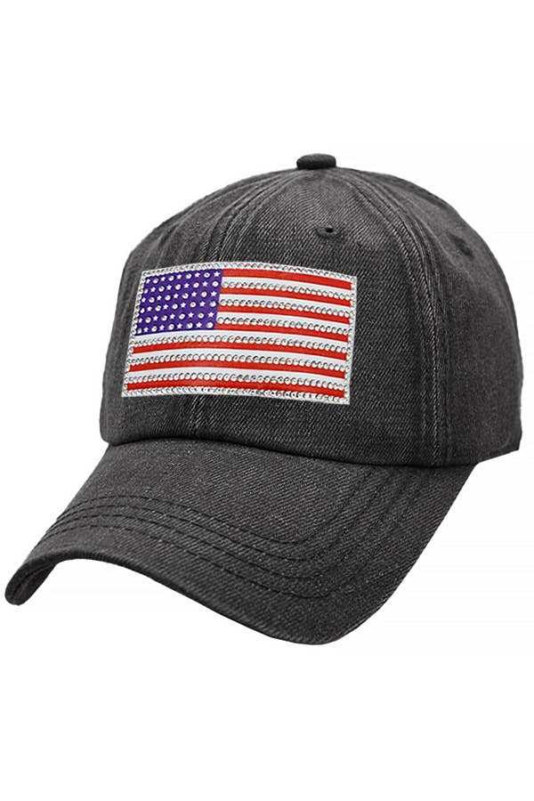 Cap Zone - Wholesale Baseball Cap - Unisex - American Flag Rhinestone Patch Washed Denim Baseball Cap21