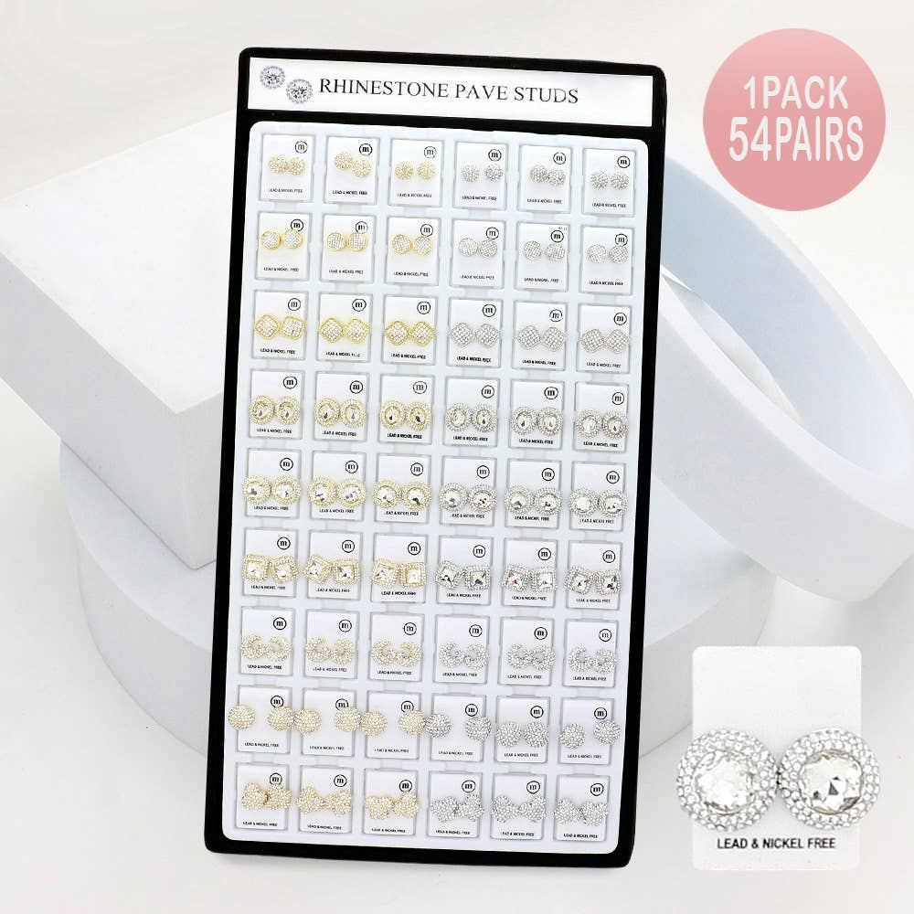 Sensibling Corp. - Wholesale Stud/Post Earrings - 54Pairs - Rhinestone Paved Stud Earrings0