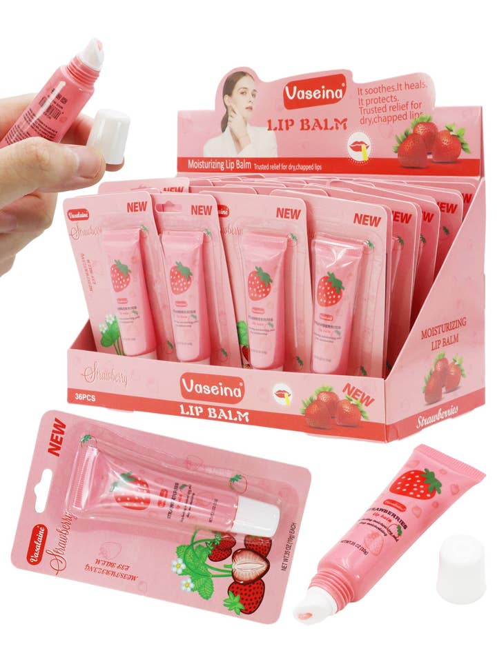 Jordgubbdoftande gele-läppbalsam i klämtub – 36 st för wholesale av Cap Zone