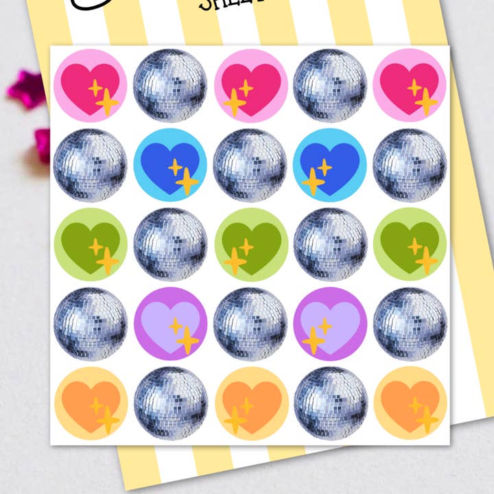 Herzen und Discokugeln Aufkleberbogen | Nicht laminierter Aufkleber für den Großhandel von Get Stoked