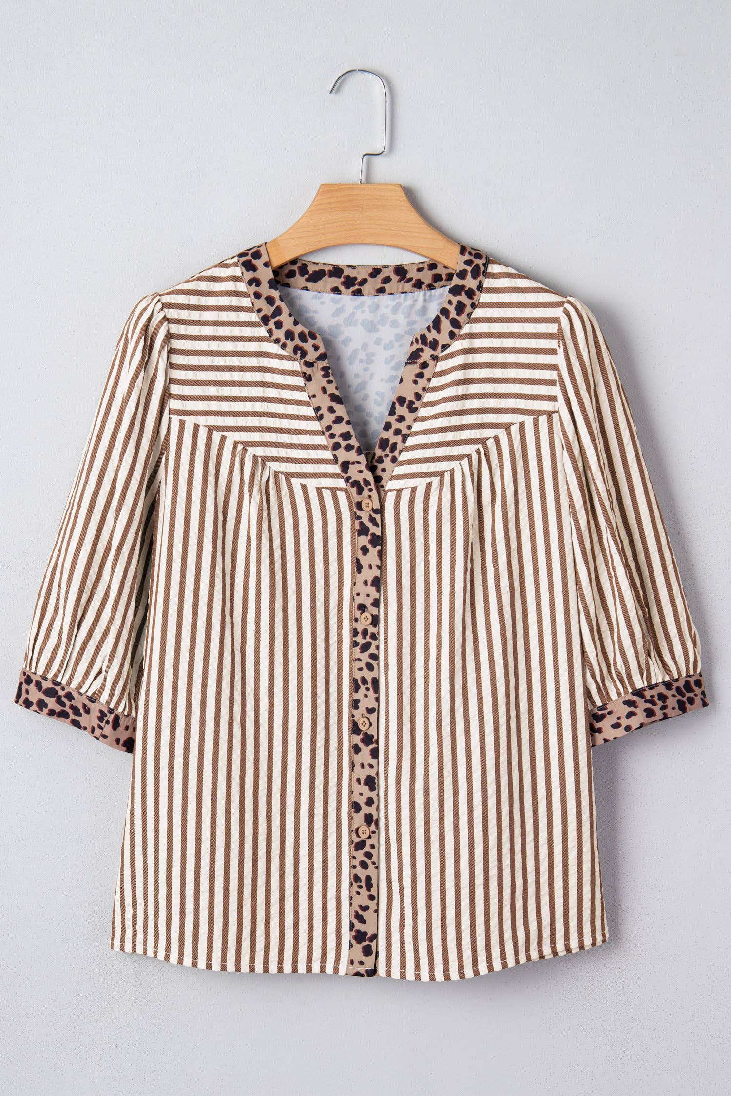 Brown Leopard Trim Button Down Stripe Half Sleeve Shirt (S-XL) for wholesale on Faire3