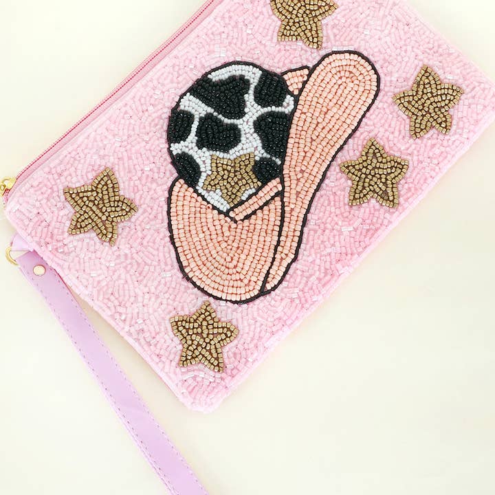 Cowhide Cowboy Hat & Stars Seed Bead Coin Purse w/ Wristlet for wholesale by SP Sophia Collection