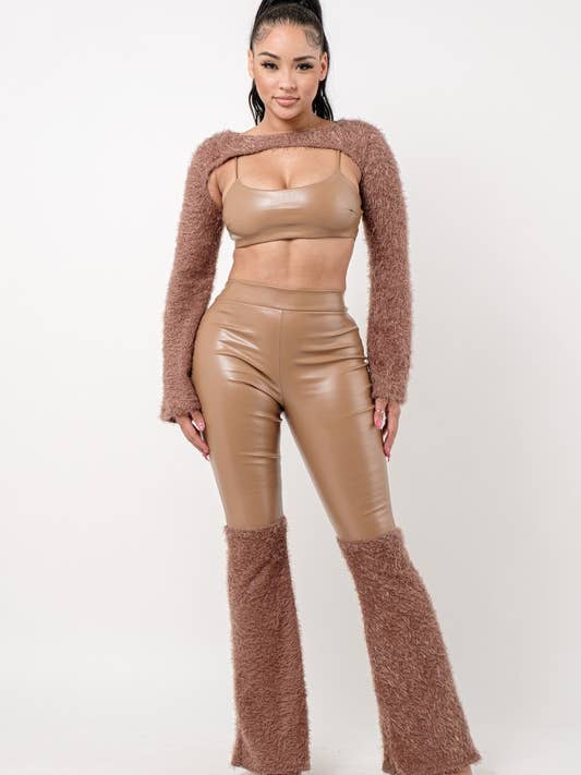 Pu Tank Top, Mohair Bolero & Mixed Bell Bottom Set for wholesale by Belita Collection