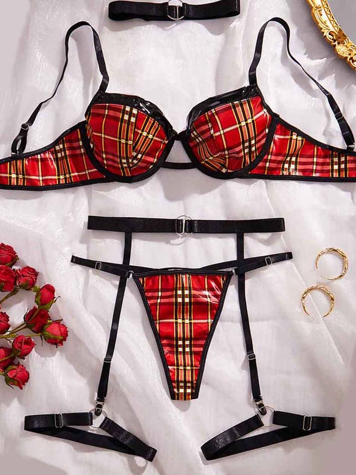 Set lingerie 2 pezzi a quadri in PU a blocchi di colore per donne per la vendita all'ingrosso da parte di Sweetkama