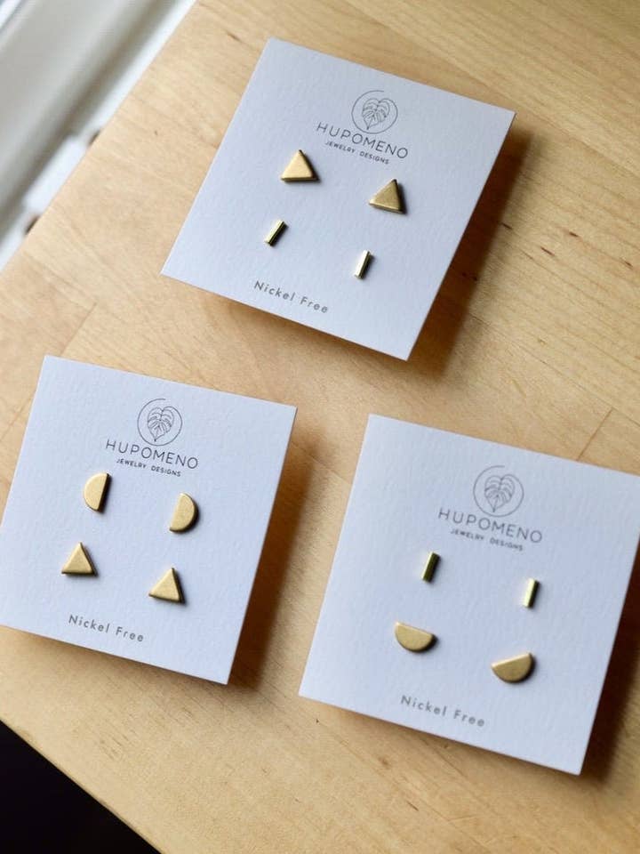2 Pairs Set Tiny Minimalist | Gold Brass Geometric Studs for wholesale by Hupomeno Designs
