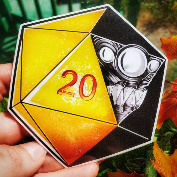 Fantasy Mimic d20 Dice Vinyl Sticker - TTRPG Monster Decal for wholesale by Owlybear Art