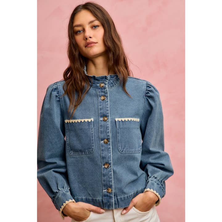Stitch Ruffled Puff Sleeves Denim Jeans Jacket for wholesale by IVE