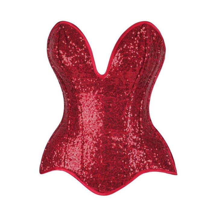 Top Drawer Steel Boned Red Sequin Plunge Neckline Overbust Corset for wholesale by Daisy Corsets