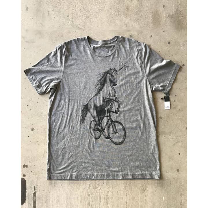 Dark Cycle Clothing - Wholesale Screen Printed T-Shirt - Unisex - Unicorn on A Bicycle Men's/Unisex Shirt2