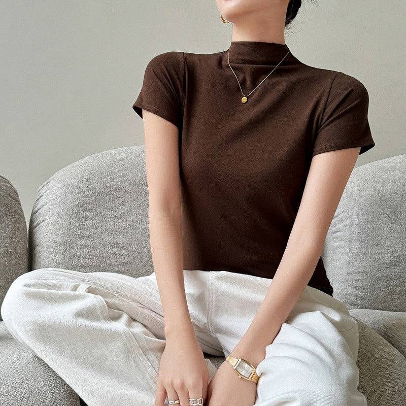 Sheer Trend - Wholesale T-Shirt - Women's - Modal High Neck Short Sleeve Tee With Classic Shoulder Design3