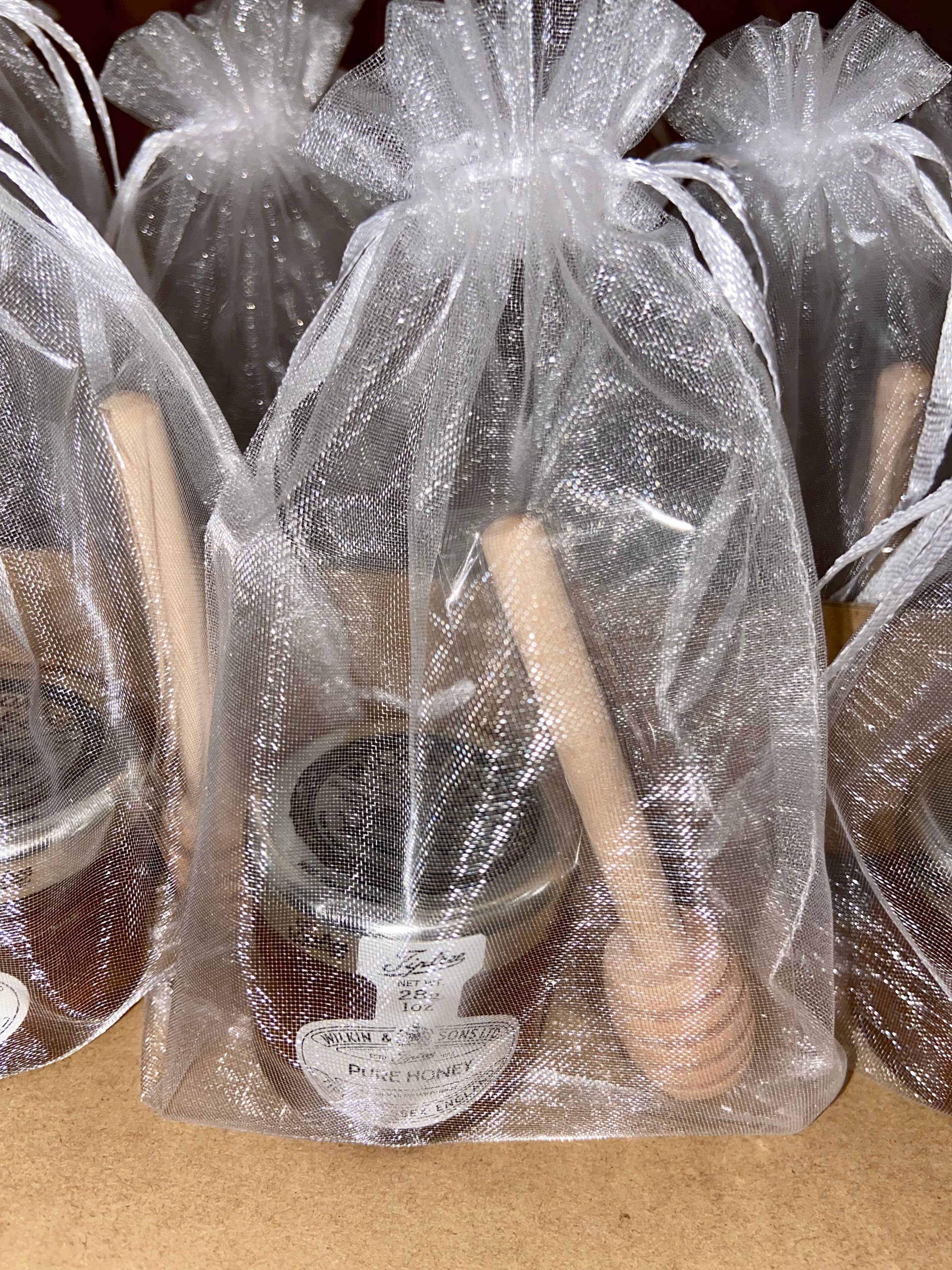 The Black Butterfly – wholesale Honey – Tiptree honey with dipper in white organza bag2