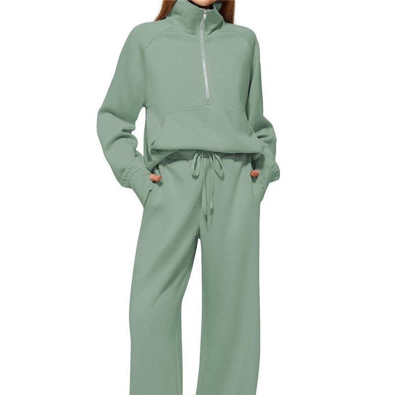 UZ Wholesale Store – wholesale Mjukisset – Dam – Set med halvzip-tröja i ren färg och joggers med vida ben10