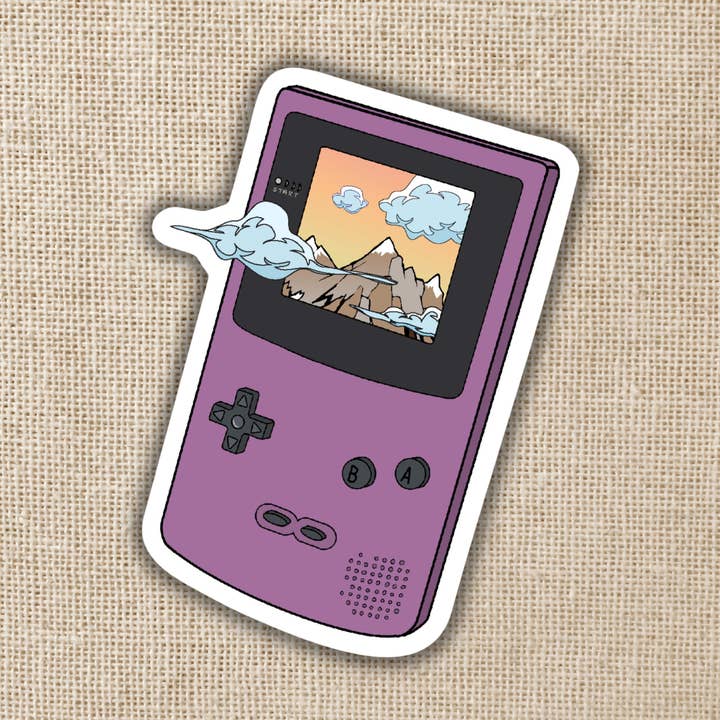 Gameboy With Mountainscape Screen, 3-inch sticker for wholesale by Kingdom of Threads