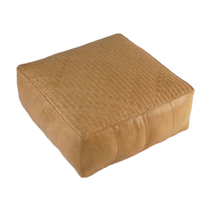 Pouf Leather Handwoven Top Tan 18" X10" for wholesale by Luzia Leather Home Collection