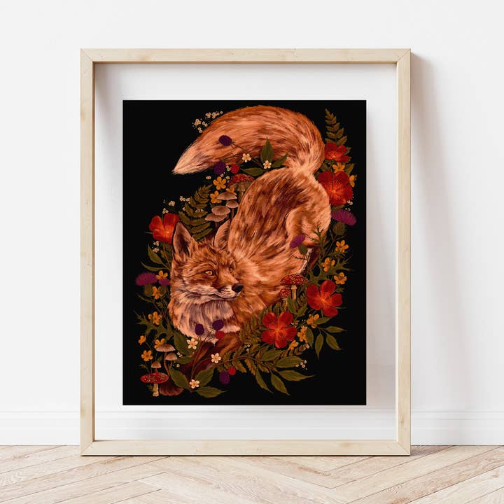 Stampa artistica Fox Forest, decorazione da parete botanica scura, casa con funghi per la vendita all'ingrosso da parte di Cailee Corbett