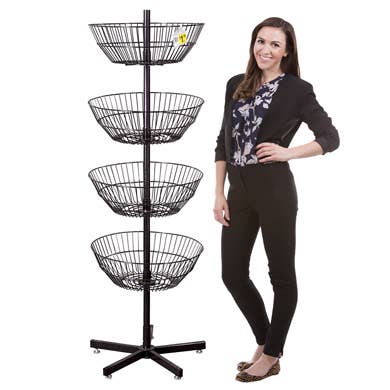 Specialty Store Services - Wholesale Retailer Display Stand/Case - Black 4-Tier Spinner Display with 4 Spinning Wire Baskets
