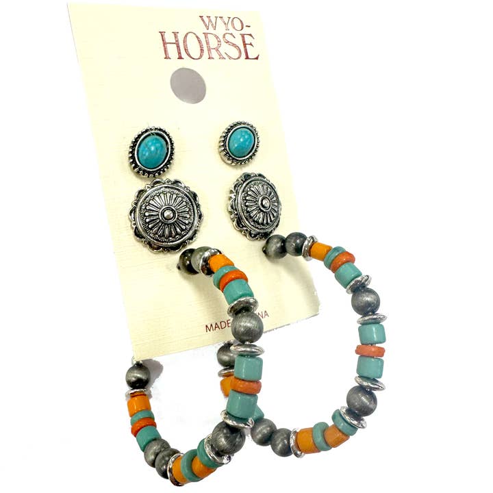 Set Of Three Concho Earrings With Beaded Hoops for wholesale by Wyo-Horse Jewelry