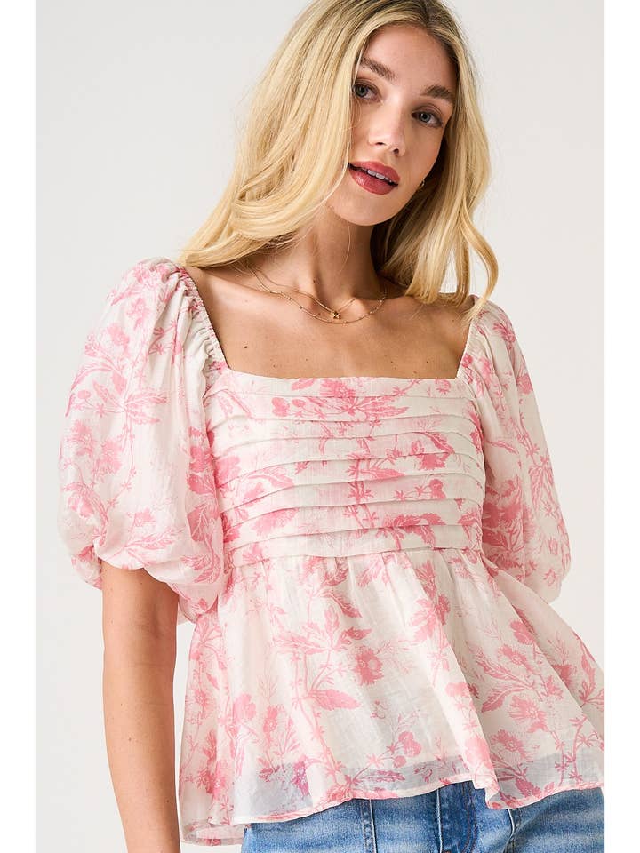 BLUMENMUSTER FALTENDETAIL PUFFÄRMEL BABYDOLL-TOP für den Großhandel von mittoshop
