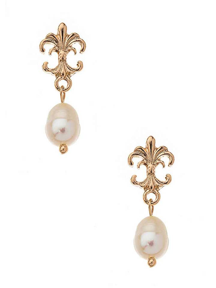 Fleur De Lis Genuine Culture Pearl Drop Earrings for wholesale by Artini Accessories