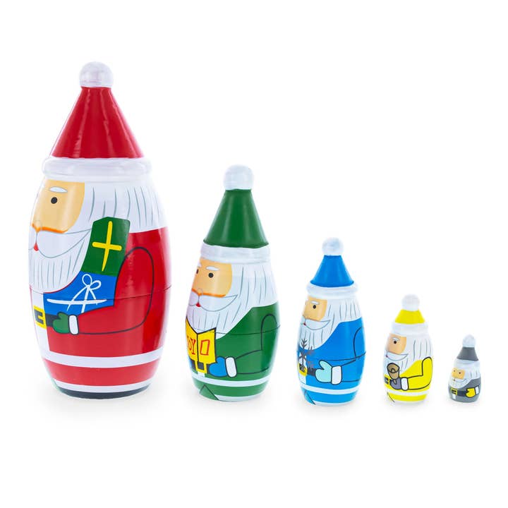 BestPysanky - Wholesale Christmas Decoration - 5 Multicolor Santa with Gifts Wooden Nesting Dolls3