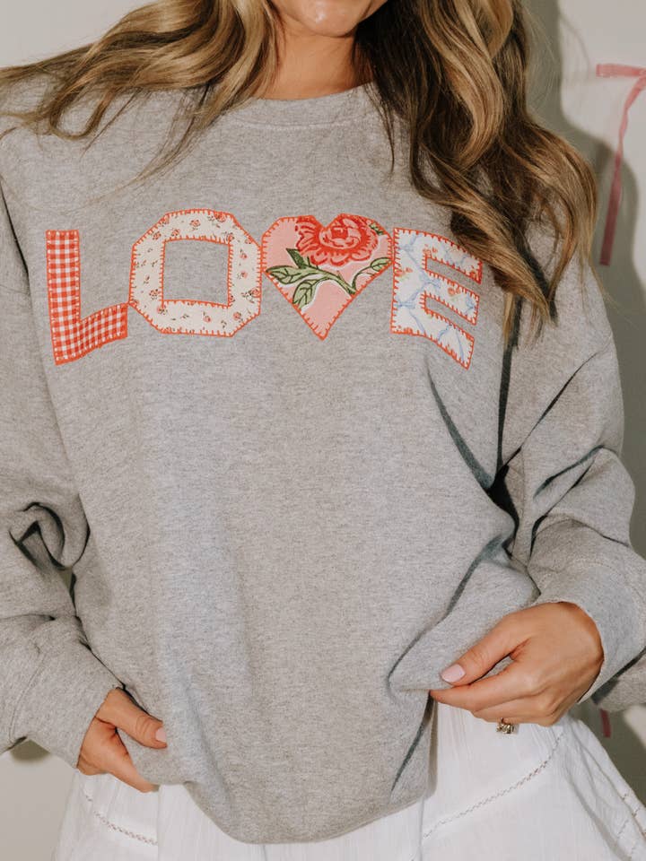 LOVE Quilted Valentine's Day Gray Thrifted Sweatshirt for wholesale by LivyLu