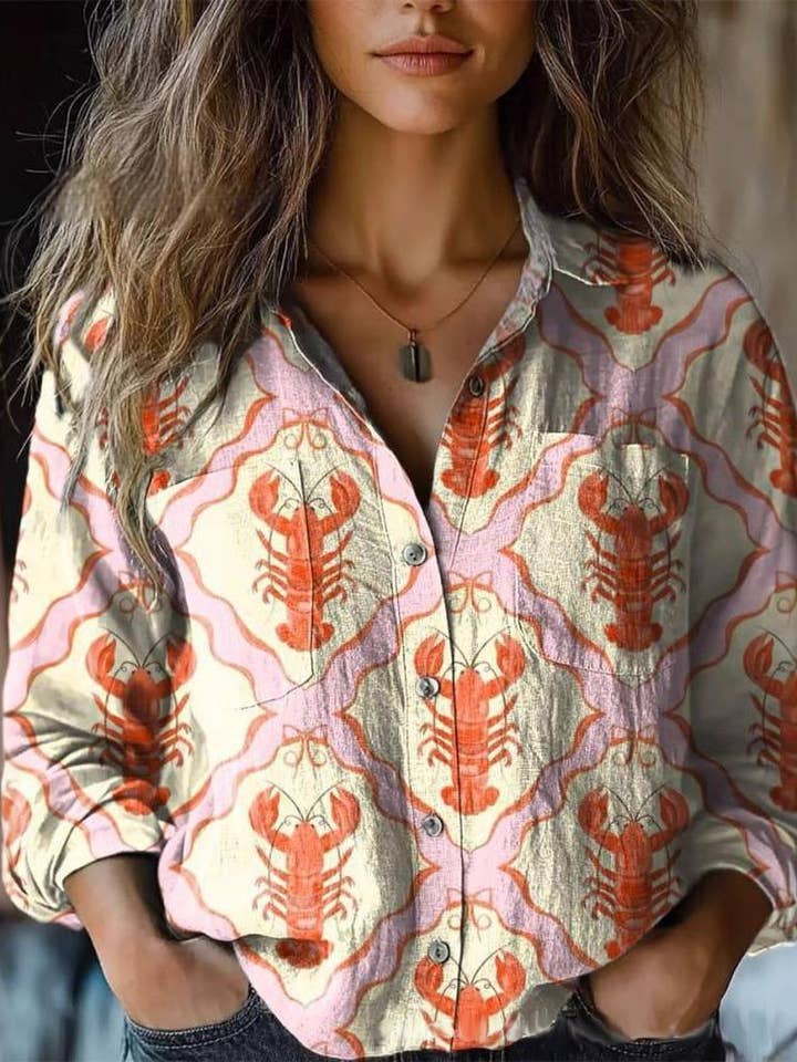 Lobster print Button-down shirts long sleeve for wholesale on Faire