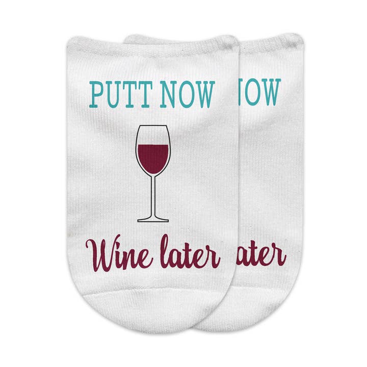 White Putt Now Wine Later - Funny Golf Socks - No-Show Socks for wholesale on Faire6