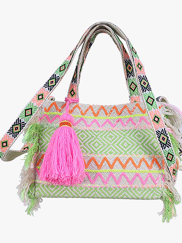 M2488 Gwenyth Boho Striped Tote w/ Fringe and Tassels for wholesale by Jen & Co.