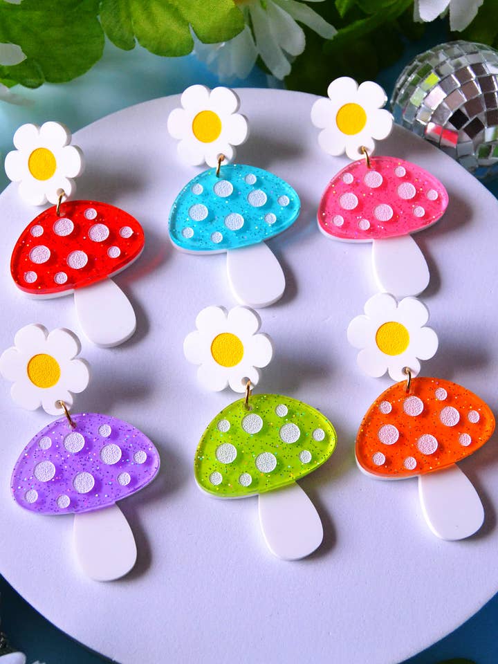 Acrylic Glittery Mushroom Magic Shroom Earrings for wholesale by Rebel Disco Designs