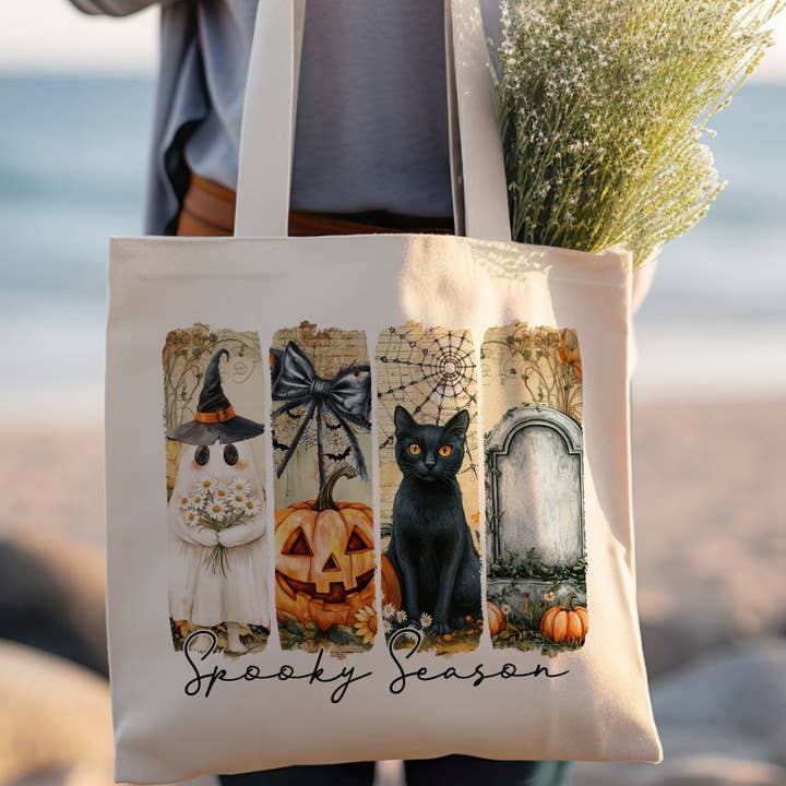 Sister Ray - Wholesale Tote Bag - Unisex - Spooky Season Black Cat Halloween Ghost Pumpkin Tote Bag 0