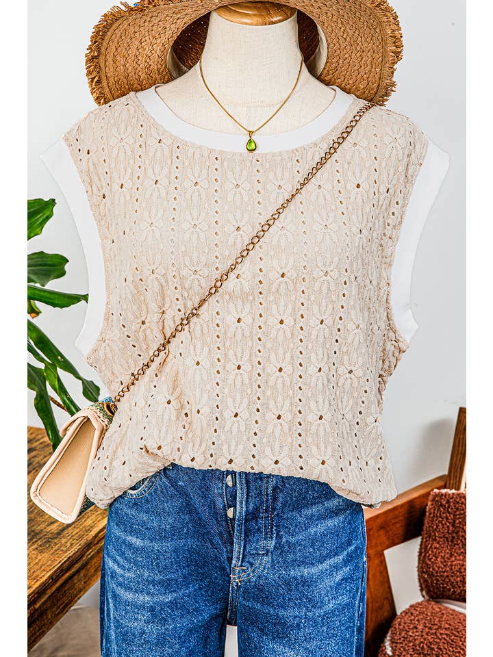 As shown Fashion-W Floral Textured Crew Neck Tank Top for wholesale on Faire