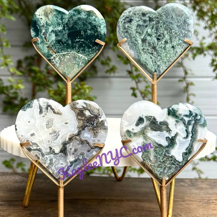 KayleeNYC - Wholesale Spiritual stone/crystal - 4 pcs Natural Moss Agate Heart Crystal with Stand3