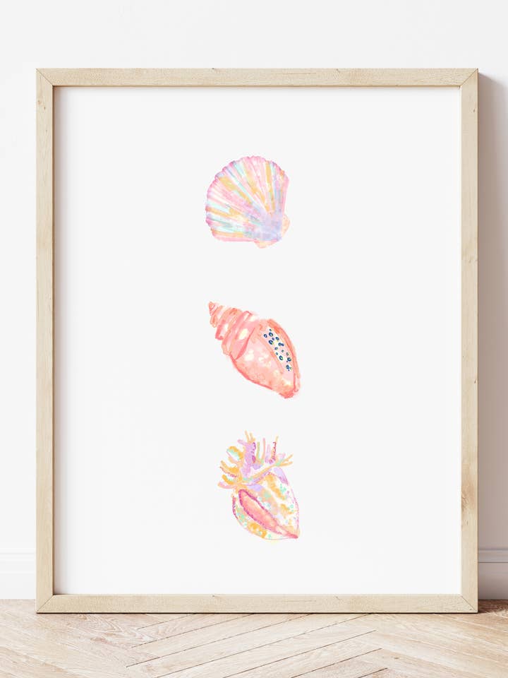Trio of Pink Shells Giclee Print A4 on Watercolour card for wholesale by popsandbuds
