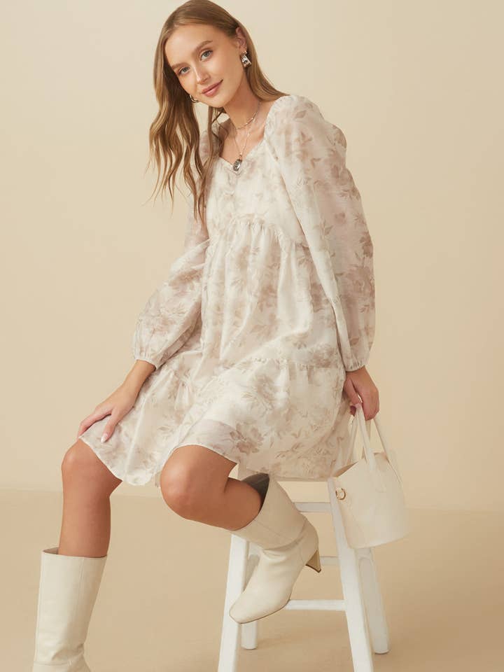 Cream Womens Floral Print Sweetheart Neck Organza Dress for wholesale on Faire1